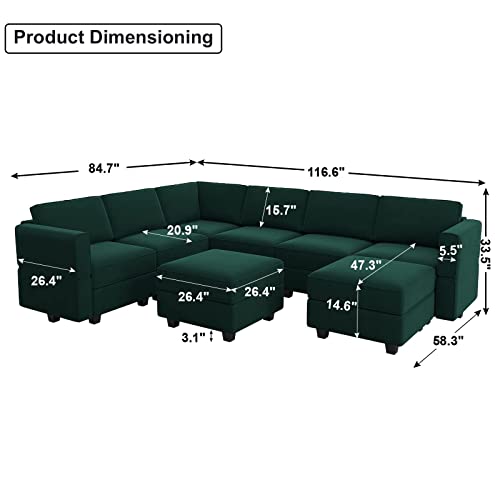 Belffin Modular Sectional Sofa with Storage Seat Oversized U Shaped Couch with Reversible Chaise Velvet Sofa Set with Ottoman Green