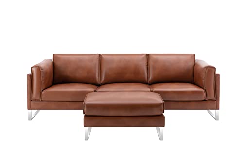 Morden Fort Sectional Sofa with Reversible Ottoman PU Leather Three Piece Couch L Shaped Sofa with Removeable Chaise 3 Seat Modern Sofa for Living Room Apartment (Brown)
