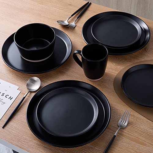 Stone Lain Jules Stoneware Round Dinnerware Set, Black,16-Piece Service for 4