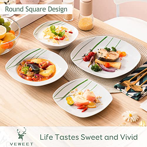 VEWEET, Series AVIVA, 24-Piece Ivory White Porcelain Dinnerware Set with Green Stripe Patterns, including Dinner Plates, Dessert Plates, Soup Plates, Service for 6