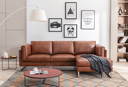 Morden Fort Sectional Sofa with Reversible Ottoman PU Leather Three Piece Couch L Shaped Sofa with Removeable Chaise 3 Seat Modern Sofa for Living Room Apartment (Brown)