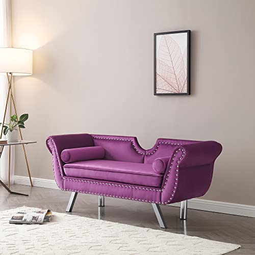 Holaki 61"Velvet Loveseat,Upholstered Chesterfield Sofa with 2 Round Pillows,Mid Century Modern Settee Love Seat with Nailhead Trim Curved Backrest Roll Arm,Metal Leg,Small Sofa for LivingRoom(Purple)