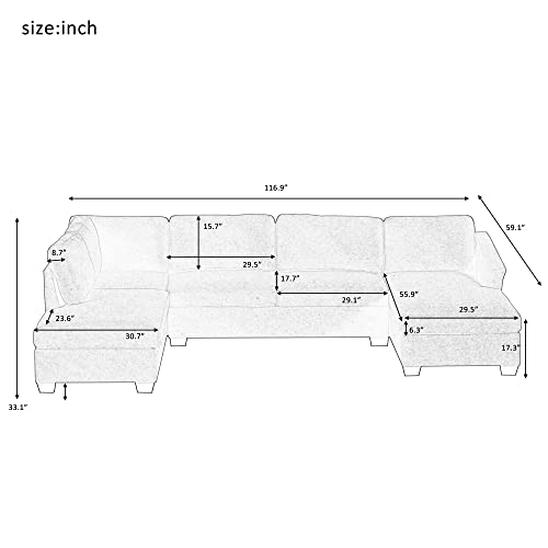 WILLIAMSPACE 116" Sectional Sofa for Living Room, Large U-Shaped Sofa Couch with Chaise Lounge, Upholstered Modular Sofa for Home Office - Beige