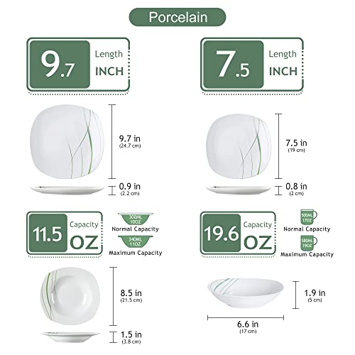 VEWEET, Series AVIVA, 24-Piece Ivory White Porcelain Dinnerware Set with Green Stripe Patterns, including Dinner Plates, Dessert Plates, Soup Plates, Service for 6