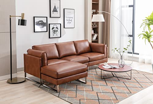 Morden Fort Sectional Sofa with Reversible Ottoman PU Leather Three Piece Couch L Shaped Sofa with Removeable Chaise 3 Seat Modern Sofa for Living Room Apartment (Brown)
