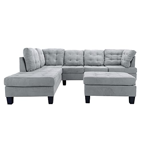 Casa Andrea Milano LLC 3 Piece Modern Tufted Micro Suede L Shaped Sectional Sofa Couch with Reversible Chaise & Ottoman, Large, Ash
