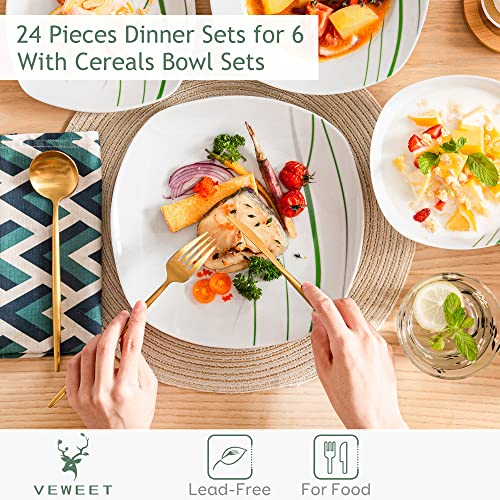 VEWEET, Series AVIVA, 24-Piece Ivory White Porcelain Dinnerware Set with Green Stripe Patterns, including Dinner Plates, Dessert Plates, Soup Plates, Service for 6