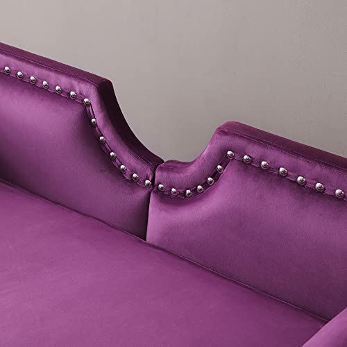 Holaki 61"Velvet Loveseat,Upholstered Chesterfield Sofa with 2 Round Pillows,Mid Century Modern Settee Love Seat with Nailhead Trim Curved Backrest Roll Arm,Metal Leg,Small Sofa for LivingRoom(Purple)