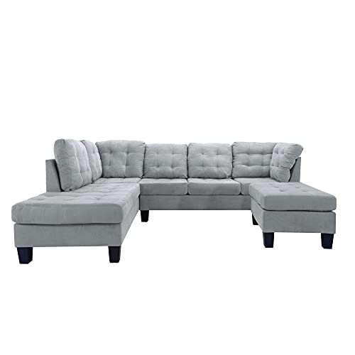 Casa Andrea Milano LLC 3 Piece Modern Tufted Micro Suede L Shaped Sectional Sofa Couch with Reversible Chaise & Ottoman, Large, Ash