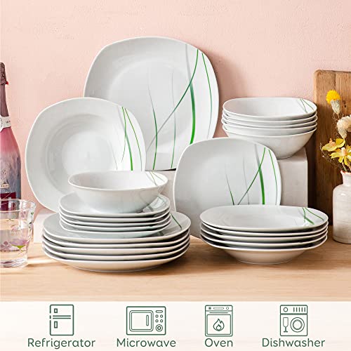 VEWEET, Series AVIVA, 24-Piece Ivory White Porcelain Dinnerware Set with Green Stripe Patterns, including Dinner Plates, Dessert Plates, Soup Plates, Service for 6