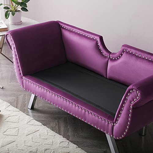 Holaki 61"Velvet Loveseat,Upholstered Chesterfield Sofa with 2 Round Pillows,Mid Century Modern Settee Love Seat with Nailhead Trim Curved Backrest Roll Arm,Metal Leg,Small Sofa for LivingRoom(Purple)