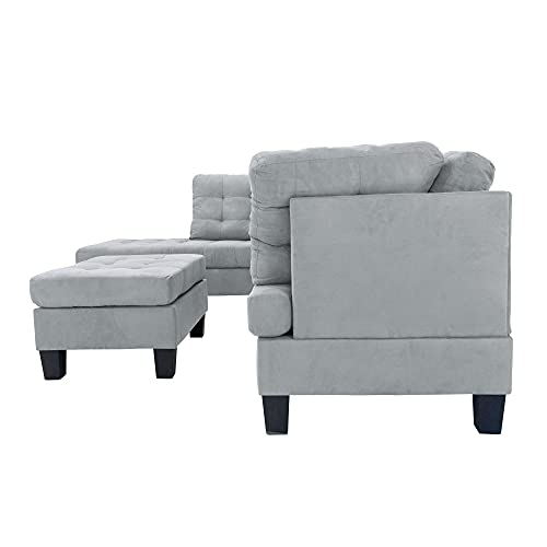 Casa Andrea Milano LLC 3 Piece Modern Tufted Micro Suede L Shaped Sectional Sofa Couch with Reversible Chaise & Ottoman, Large, Ash