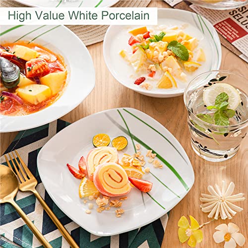 VEWEET, Series AVIVA, 24-Piece Ivory White Porcelain Dinnerware Set with Green Stripe Patterns, including Dinner Plates, Dessert Plates, Soup Plates, Service for 6
