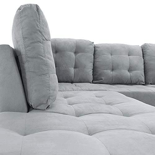 Casa Andrea Milano LLC 3 Piece Modern Tufted Micro Suede L Shaped Sectional Sofa Couch with Reversible Chaise & Ottoman, Large, Ash