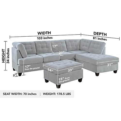 Casa Andrea Milano LLC 3 Piece Modern Tufted Micro Suede L Shaped Sectional Sofa Couch with Reversible Chaise & Ottoman, Large, Ash