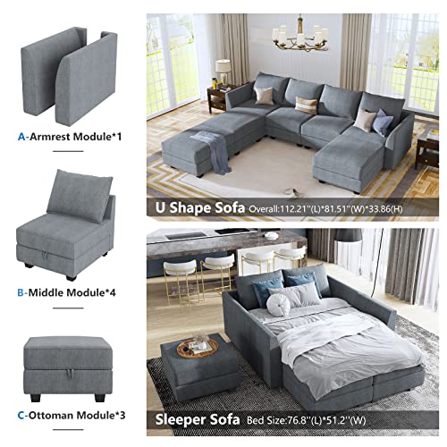 HONBAY Modular Sectional Sofa U Shaped Couch Reversible Sofa Couch with Storage Seat, Bluish Grey