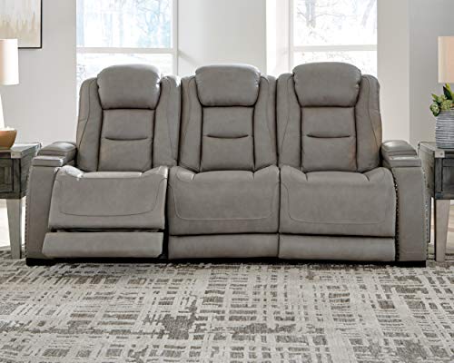 Signature Design by Ashley The Man-Den Leather Power Reclining Sofa with Adjustable Headrests & Wireless Charging, Gray