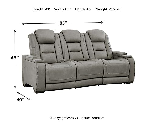 Signature Design by Ashley The Man-Den Leather Power Reclining Sofa with Adjustable Headrests & Wireless Charging, Gray
