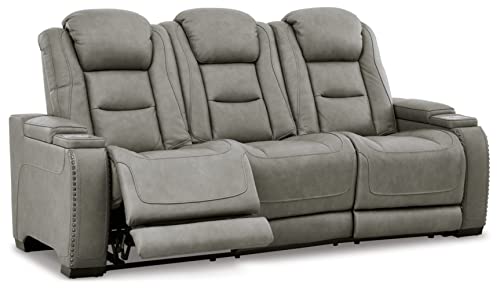 Signature Design by Ashley The Man-Den Leather Power Reclining Sofa with Adjustable Headrests & Wireless Charging, Gray