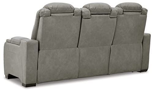 Signature Design by Ashley The Man-Den Leather Power Reclining Sofa with Adjustable Headrests & Wireless Charging, Gray
