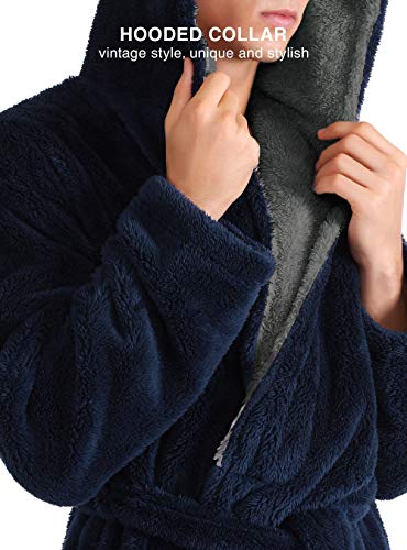 DAVID ARCHY Men's Hooded Fleece Plush Soft Shu Velveteen Robe Full Length Long Bathrobe (M, Navy Blue)