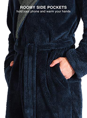 DAVID ARCHY Men's Hooded Fleece Plush Soft Shu Velveteen Robe Full Length Long Bathrobe (M, Navy Blue)
