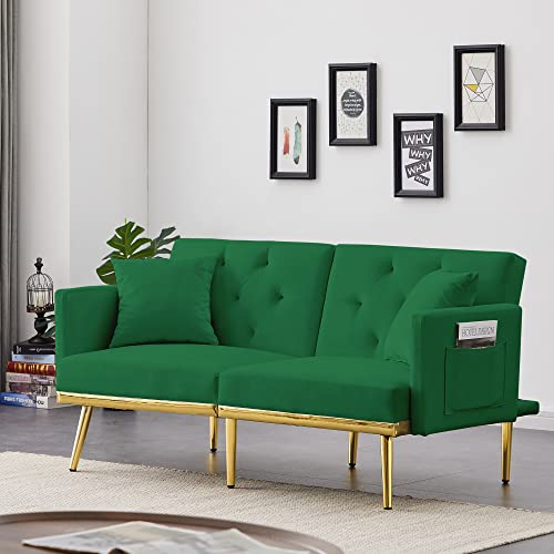 TMEOSK 60" Convertible Velvet Futon Sofa Bed with 2 Pillows and Adjustable Backrest Angle, Folding Lovesest Sleeper Couch for Bedroom Living Room Apartment (Green)