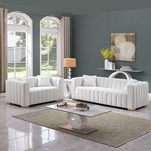 kevinplus Modern Sofa Couch 2 Set for Living Room, Velvet Chesterfield 2-Pcs Upholstered Sofa Couch for Apartment Bedroom Office, Strong Gold Metal Legs, White