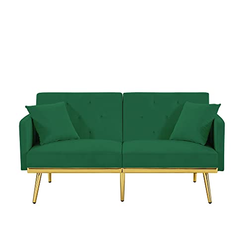TMEOSK 60" Convertible Velvet Futon Sofa Bed with 2 Pillows and Adjustable Backrest Angle, Folding Lovesest Sleeper Couch for Bedroom Living Room Apartment (Green)