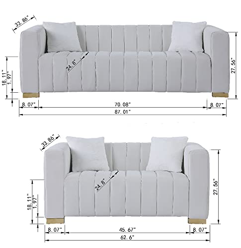 kevinplus Modern Sofa Couch 2 Set for Living Room, Velvet Chesterfield 2-Pcs Upholstered Sofa Couch for Apartment Bedroom Office, Strong Gold Metal Legs, White
