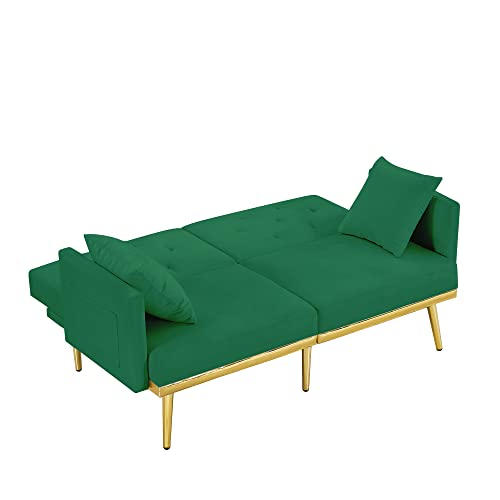 TMEOSK 60" Convertible Velvet Futon Sofa Bed with 2 Pillows and Adjustable Backrest Angle, Folding Lovesest Sleeper Couch for Bedroom Living Room Apartment (Green)