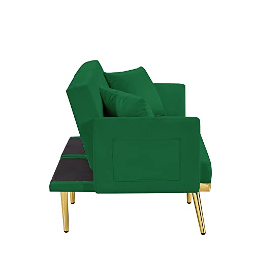 TMEOSK 60" Convertible Velvet Futon Sofa Bed with 2 Pillows and Adjustable Backrest Angle, Folding Lovesest Sleeper Couch for Bedroom Living Room Apartment (Green)