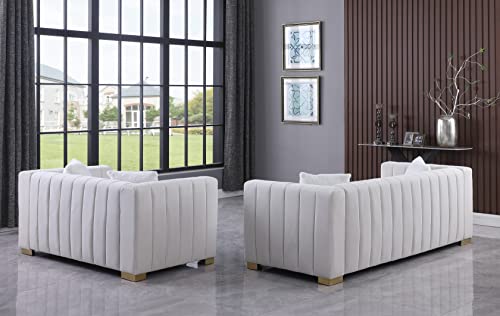 kevinplus Modern Sofa Couch 2 Set for Living Room, Velvet Chesterfield 2-Pcs Upholstered Sofa Couch for Apartment Bedroom Office, Strong Gold Metal Legs, White