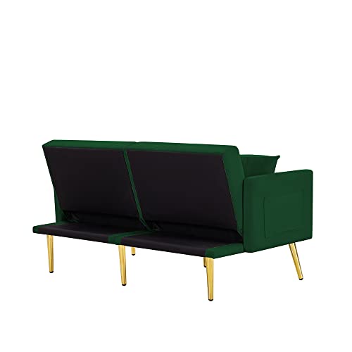 TMEOSK 60" Convertible Velvet Futon Sofa Bed with 2 Pillows and Adjustable Backrest Angle, Folding Lovesest Sleeper Couch for Bedroom Living Room Apartment (Green)