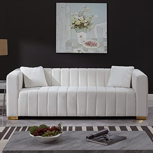 kevinplus Modern Sofa Couch 2 Set for Living Room, Velvet Chesterfield 2-Pcs Upholstered Sofa Couch for Apartment Bedroom Office, Strong Gold Metal Legs, White