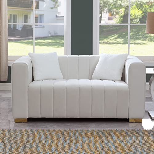 kevinplus Modern Sofa Couch 2 Set for Living Room, Velvet Chesterfield 2-Pcs Upholstered Sofa Couch for Apartment Bedroom Office, Strong Gold Metal Legs, White