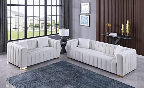 kevinplus Modern Sofa Couch 2 Set for Living Room, Velvet Chesterfield 2-Pcs Upholstered Sofa Couch for Apartment Bedroom Office, Strong Gold Metal Legs, White