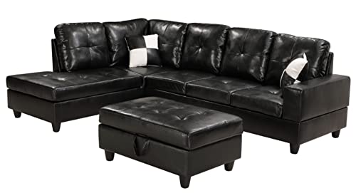 DHHU 3 Piece Living Room Furniture Set, Couch with Storage Footrest, Sectional Sofa for Home, Office, Studio, 103" x 72.5" x 32", D-L-Shaped/Black