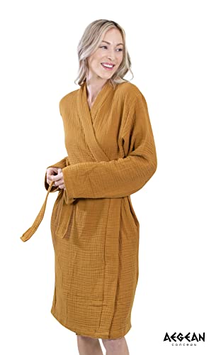 Aegean Concept - MUSLIN BATHROBE Organic Turkish 100% Cotton | Unisex - Men and Women | Super Absorbent, Sustainable and Cozy, Breathable and Fast Dry - Bath, Beach, Pool, SPA, Shower, Gym [MUSTARD-L]