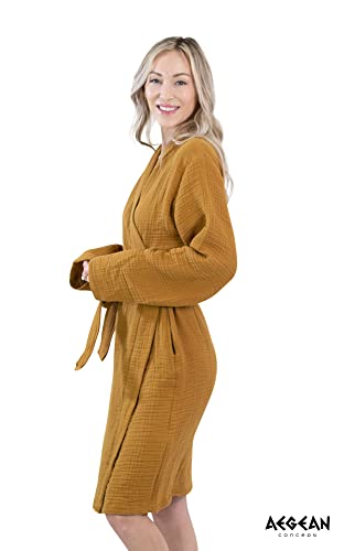 Aegean Concept - MUSLIN BATHROBE Organic Turkish 100% Cotton | Unisex - Men and Women | Super Absorbent, Sustainable and Cozy, Breathable and Fast Dry - Bath, Beach, Pool, SPA, Shower, Gym [MUSTARD-L]