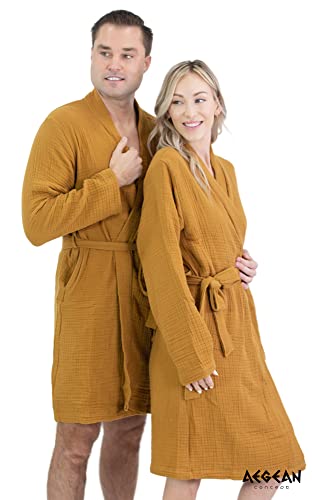 Aegean Concept - MUSLIN BATHROBE Organic Turkish 100% Cotton | Unisex - Men and Women | Super Absorbent, Sustainable and Cozy, Breathable and Fast Dry - Bath, Beach, Pool, SPA, Shower, Gym [MUSTARD-L]