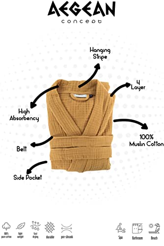 Aegean Concept - MUSLIN BATHROBE Organic Turkish 100% Cotton | Unisex - Men and Women | Super Absorbent, Sustainable and Cozy, Breathable and Fast Dry - Bath, Beach, Pool, SPA, Shower, Gym [MUSTARD-L]