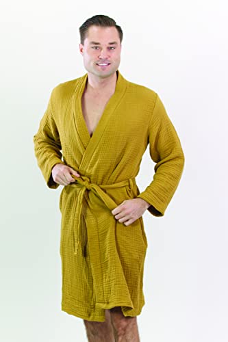 Aegean Concept - MUSLIN BATHROBE Organic Turkish 100% Cotton | Unisex - Men and Women | Super Absorbent, Sustainable and Cozy, Breathable and Fast Dry - Bath, Beach, Pool, SPA, Shower, Gym [MUSTARD-L]