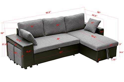 Runboll Sectional Sofa with Pull-Out L-Shape Bed Reversible Chaise Sofa with Storage Seat Sleeper Couch with 2 Stools