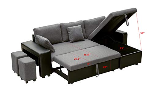 Runboll Sectional Sofa with Pull-Out L-Shape Bed Reversible Chaise Sofa with Storage Seat Sleeper Couch with 2 Stools