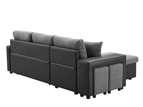 Runboll Sectional Sofa with Pull-Out L-Shape Bed Reversible Chaise Sofa with Storage Seat Sleeper Couch with 2 Stools