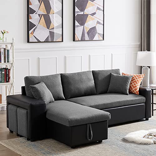 Runboll Sectional Sofa with Pull-Out L-Shape Bed Reversible Chaise Sofa with Storage Seat Sleeper Couch with 2 Stools