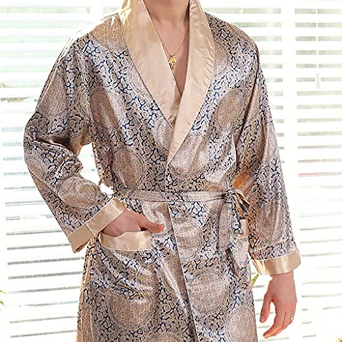 Feilx Men's Satin Bathrobe Nightgown Casual Kimono Robe Loungewear Sleepwear Pajama (Color : As Shown, Size : 5X-Large)