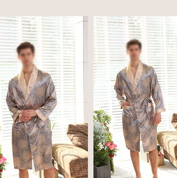 Feilx Men's Satin Bathrobe Nightgown Casual Kimono Robe Loungewear Sleepwear Pajama (Color : As Shown, Size : 5X-Large)