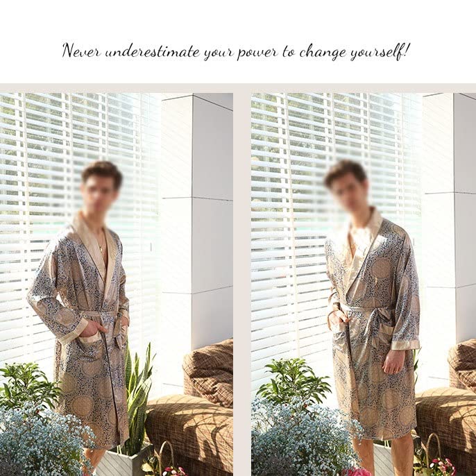 Feilx Men's Satin Bathrobe Nightgown Casual Kimono Robe Loungewear Sleepwear Pajama (Color : As Shown, Size : 5X-Large)